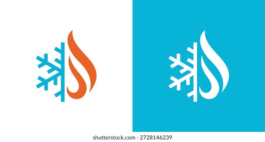 Dual meaning logo combining snow and fire elements, symbolizing temperature contrast, climate control, balance, and efficient cooling and heating solutions.