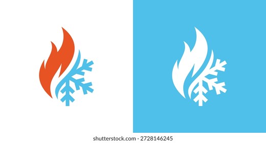 Dual meaning logo combining snow and fire elements, symbolizing contrast, climate control, balance, and efficient heating and cooling solutions.