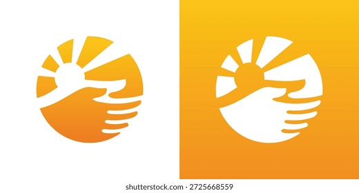 Dual meaning logo combining a sun and caring hands, symbolizing warmth, care, protection, energy, and positive support with a modern, friendly identity.