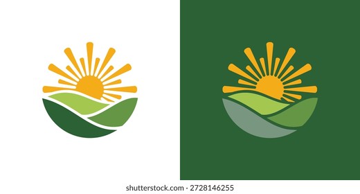 Logotipo de duplo significado que combina elementos de sol e paisagem, simbolizando a natureza, equilíbrio, harmonia, crescimento e um ambiente brilhante e sustentável.