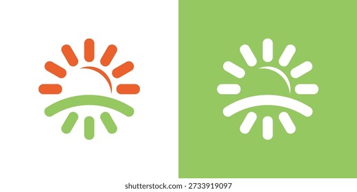 Logotipo de duplo significado que combina elementos de sol e paisagem, simbolizando a natureza, harmonia, equilíbrio, crescimento e um ambiente brilhante e sustentável.