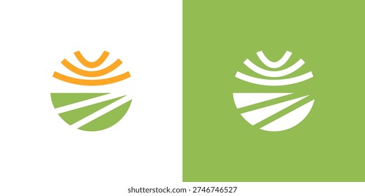 Dual meaning logo combining sun and farm elements, symbolizing natural energy, agricultural growth, sustainability, productivity, and a bright future in eco-friendly farming solutions.