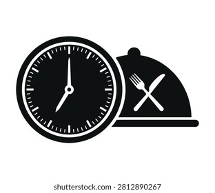 Dual overlapping clocks behind gourmet cloche food cover with internal crossed cutlery vector icon. Round the clock room service schedule symbol.