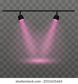 Dual pink spotlights on a transparent background. Spotlights, beams, ceiling fixture, illumination, stage lights, indoor lighting, focused beam, brightness, equipment, shadow, electricity