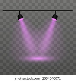 Dual purple spotlights on a transparent background. Spotlights, beams, ceiling fixture, illumination, stage lights, indoor lighting, focused beam, brightness, equipment, shadow, electricity