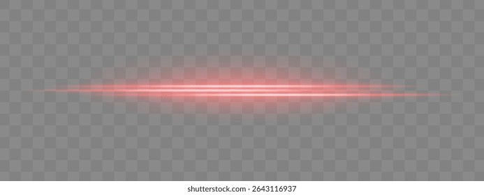 Dual red horizontal light beams with soft glow and motion blur on transparent background. Futuristic energy streak ideal for UI design, sci-fi overlays, or speed effects.