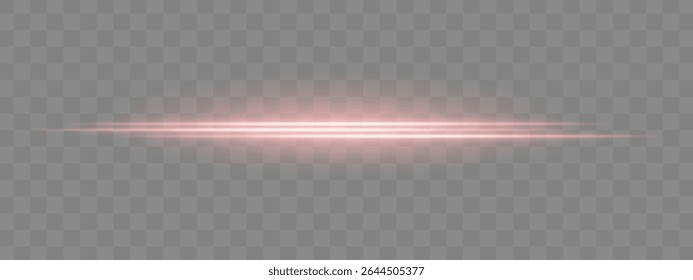 Dual red horizontal light beams with soft glow and motion blur on transparent background. Futuristic energy streak ideal for UI design, sci-fi overlays, or speed effects.
