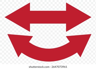 Dual Red sided curved arc arrow shape. Red Double ended arrow illustration on Transparent Background. EPS 10.