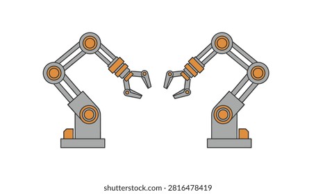Dual robotic mechanical arms in grey and orange color scheme facing each other for industrial automation tasks.
