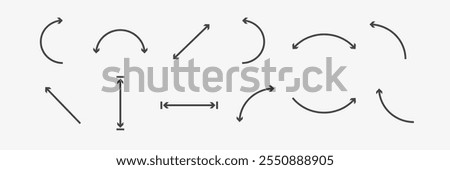 Dual semi circle arrow and right left collection. Straight double arrow and curved direction signs.  Drawing with size. Vector illustration 