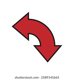 Dual semi circle arrow. Semicircular curved wide double ended red arrow with outline.
