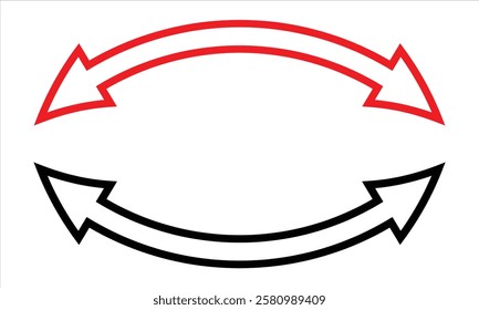 Dual semi circle arrow. Dual sided curved arrow icon. Black and red arrows set. Double reverse arrows. Black and red arrow. Replaceable vector design. Curved arrow pointing bi direction. 