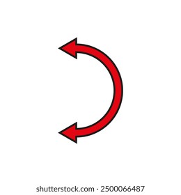 Dual semi circle red arrow. Semicircular curved long double ended arrow. Vector illustration. Thin outline and line art style.	
