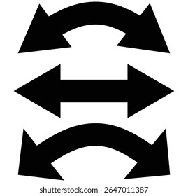 Dual sided arrow vector, icon, silhouette design. Semicircular curved thin, long double ended arrow vector design for website, app and logo design. Horizontal dual side arrow.