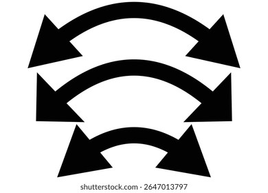 Dual sided arrow vector, icon, silhouette design. Semicircular curved thin, long double ended arrow.  Dual semi circle arrow set .