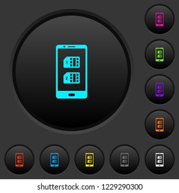 Dual SIM mobile dark push buttons with vivid color icons on dark grey background