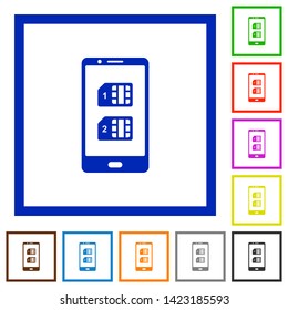 Dual SIM mobile flat color icons in square frames on white background