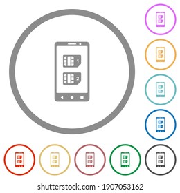 Dual SIM mobile flat color icons in round outlines on white background