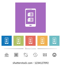 Dual SIM mobile flat white icons in square backgrounds. 6 bonus icons included.