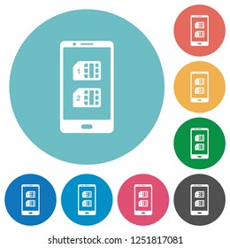 Dual SIM mobile flat white icons on round color backgrounds