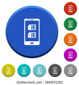 Dual SIM mobile round color beveled buttons with smooth surfaces and flat white icons