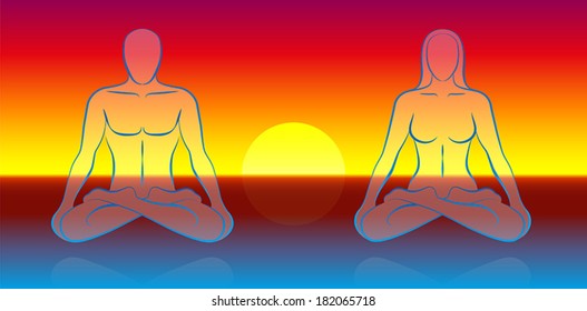 Dual Soul Meditation scenery, where a male and a female soul are levitating over the ocean at sunset.
