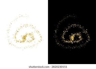 Dual sparkling golden magic dust spirals, one vibrant against white and another glowing on black, perfect for elegant festive overlays and designs.