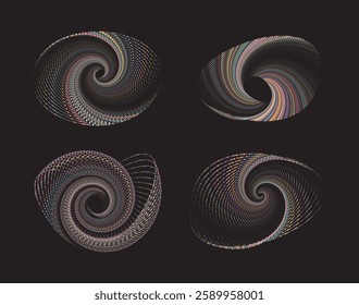 Dual spirals: a symphony of light and form, colorful spiral dot patterns – abstract digital swirls.