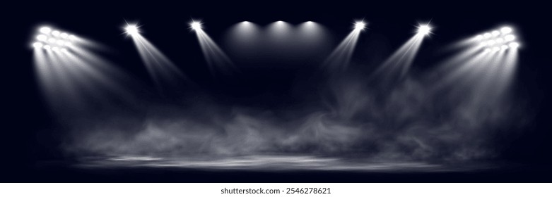 Los focos dobles brillan en una atmósfera oscura y brumosa, creando un dramático efecto de escenario o estadio con rayos de luz que atraviesan la neblina. Ideal para temas relacionados con actuaciones, eventos.