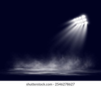 Los focos dobles brillan en una atmósfera oscura y brumosa, creando un dramático efecto de escenario o estadio con rayos de luz que atraviesan la neblina. Ideal para temas relacionados con actuaciones, eventos.