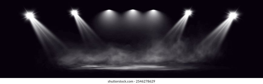 Los focos dobles brillan en una atmósfera oscura y brumosa, creando un dramático efecto de escenario o estadio con rayos de luz que atraviesan la neblina. Ideal para temas relacionados con actuaciones, eventos.