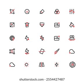 Dual Tone Collection Of Icons For Various Functions and Features. Some Of The Icons Include camera, trash can, pencil, and paper.