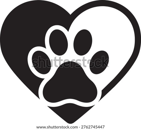 Dual tone heart shape featuring animal paw print silhouette for pet rescue and adoption themes