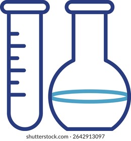 The dual tone single icon of two laboratory glass vessels often used in experiments symbolizes a laboratory, scientific research, or analysis.