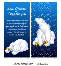 Dual vertical card with snow bear with sweet candy. Sketch for greeting card, festive poster or party invitation with space for your text. The attributes of Christmas and New year. Vector illustration