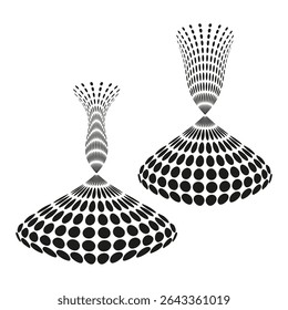 Dual vortex shape. Dot structure illusion. Funnel vector object. Abstract black form.