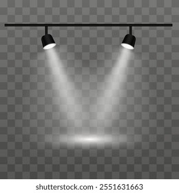 Dual white spotlights on a transparent background. Spotlights, beams, ceiling fixture, illumination, stage lights, indoor lighting, focused beam, brightness, equipment, shadow, electricity