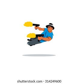 Dual wield sign. Man with two guns shoots a jump. Vector Illustration. Branding Identity Corporate logo design template Isolated on a white background