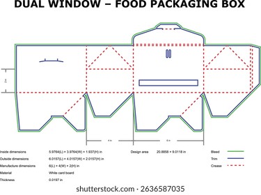 Dual window food packaging box die-cut template design