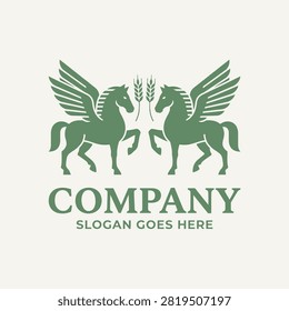 Dual winged horses with wheat, representing heritage, strength, and farming growth.