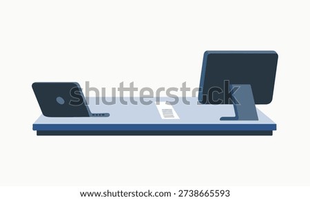 Dual workstation setup with laptop and desktop monitor on long office desk design.