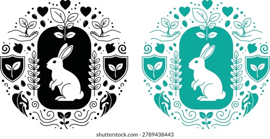 A dual-color logo featuring a bunny surrounded by eco-friendly elements like leaves, hearts, and shields, in both green and black