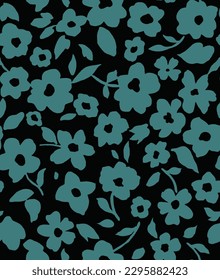 dual-color sketch solid black and tosca flower with leaves, all over vector design with solid background illustration digital image for textile printing factory