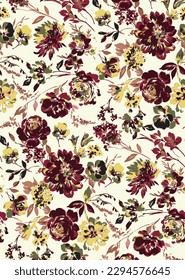 dual-color solid abstract small and big flower with leaves arrangement with red and yellow color, all over vector design with bright background illustration digital image for textile printing factory