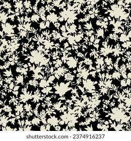 dual-color solid simple small flower and leaves all-over pattern with medium black and white background, textile and wrapping paper design print vector illustration digital image printing factory