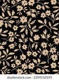 dual-color a solid small flower with stalk leaves arrangement, all over vector design with black and cream background illustration digital image for textile or wrapping paper printing factory