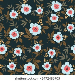dual-color a solid small flower with stalk leaves arrangement, all over vector design with black and cream background illustration digital image for textile or wrapping paper printing factory
