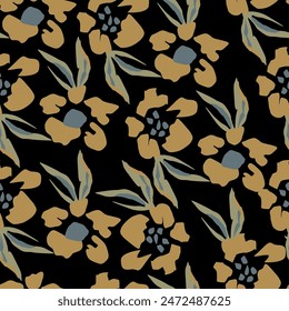 dual-color a solid small flower with stalk leaves arrangement, all over vector design with black and cream background illustration digital image for textile or wrapping paper printing factory
