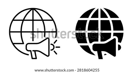 A dual-icon set featuring a line art and solid black graphic of a megaphone in front of a grid-patterned globe