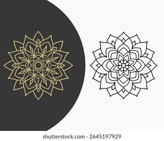 Dualista Floral Mandala Design com cores contrastantes e Line Art oferecendo uma estética meditativa e decorativa